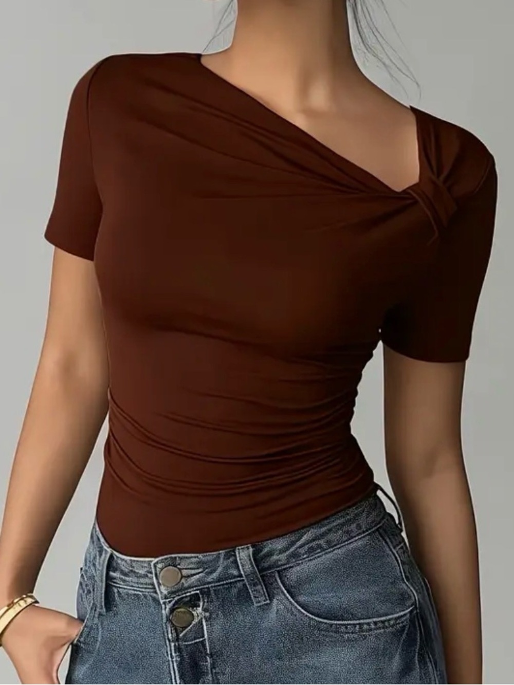 Chocolate Brown Asymmetric Neck Short Sleeve Top